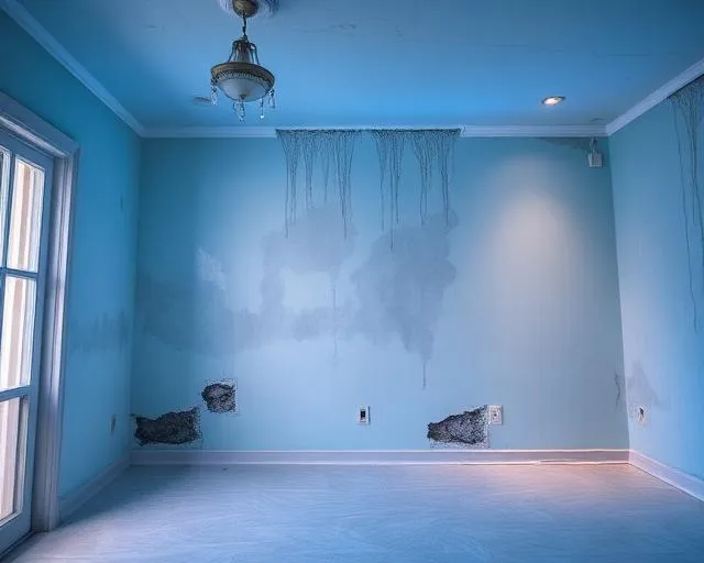 Water damage on interior walls requiring restoration