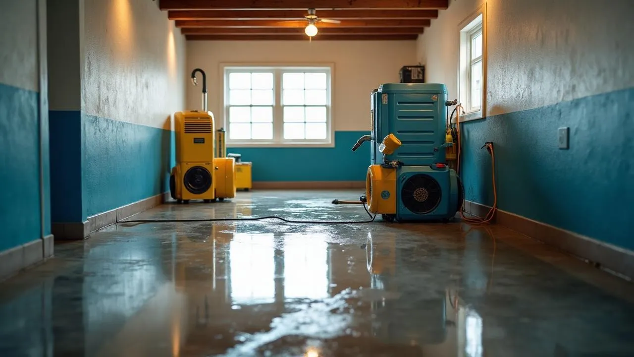 Water damage restoration drying equipment in flooded basement with industrial fans