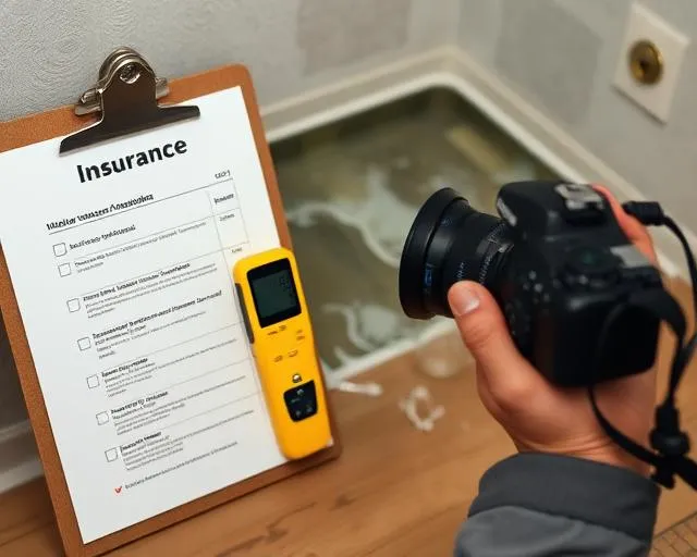 Homeowner documenting water damage for insurance claim with camera and clipboard